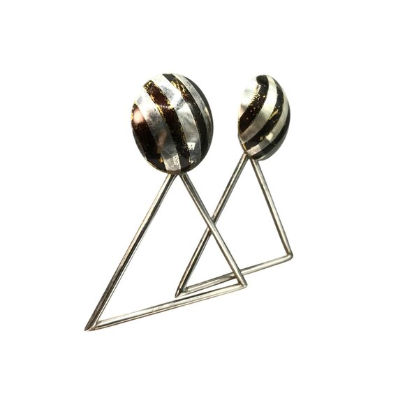 Retro Statement Geometric Dangle Earrings, Signed Artisan Leslie, Sterling Silve - Picture 2 of 7
